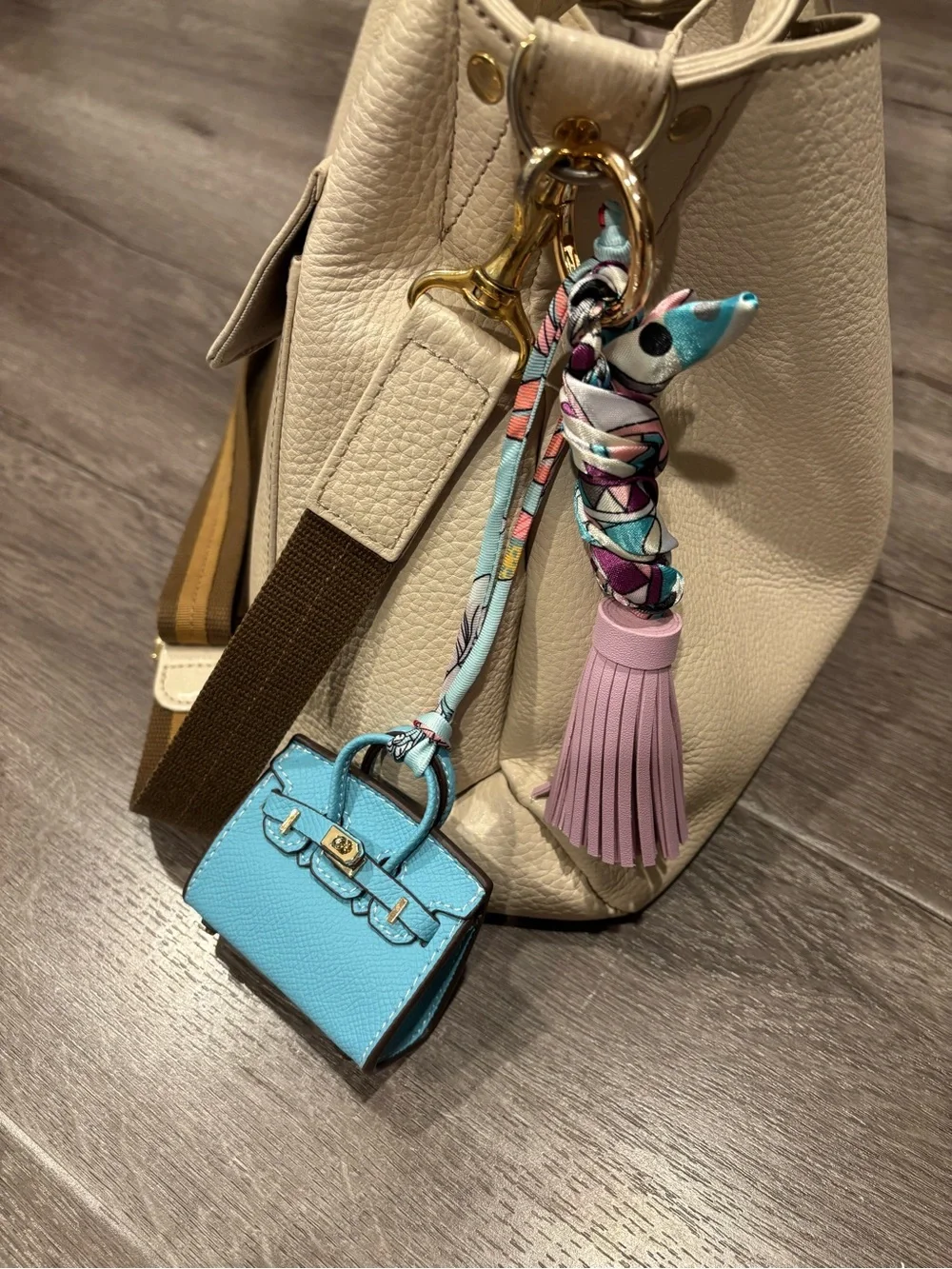 Mini Top Handle Handbag Charm Keychain with Scarf & Tassel – Blue